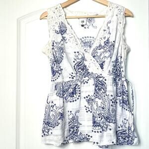 Cabi Sleeveless Cotton Gauze Top Size M Lace‎ Blue Paisley Crochet Cottagecore